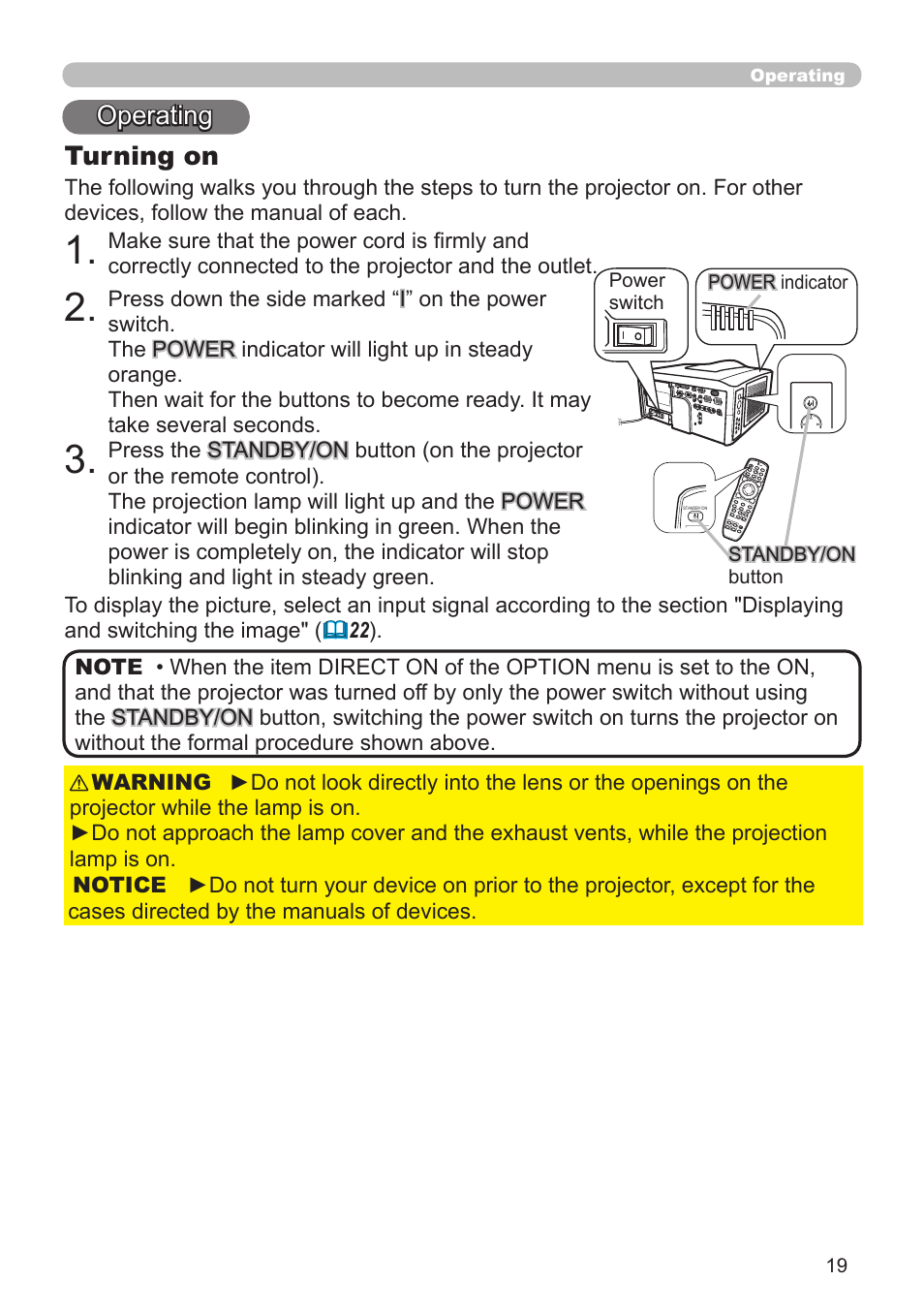 Turning on, Operating | Hitachi CP-X10000 User Manual | Page 19 / 78