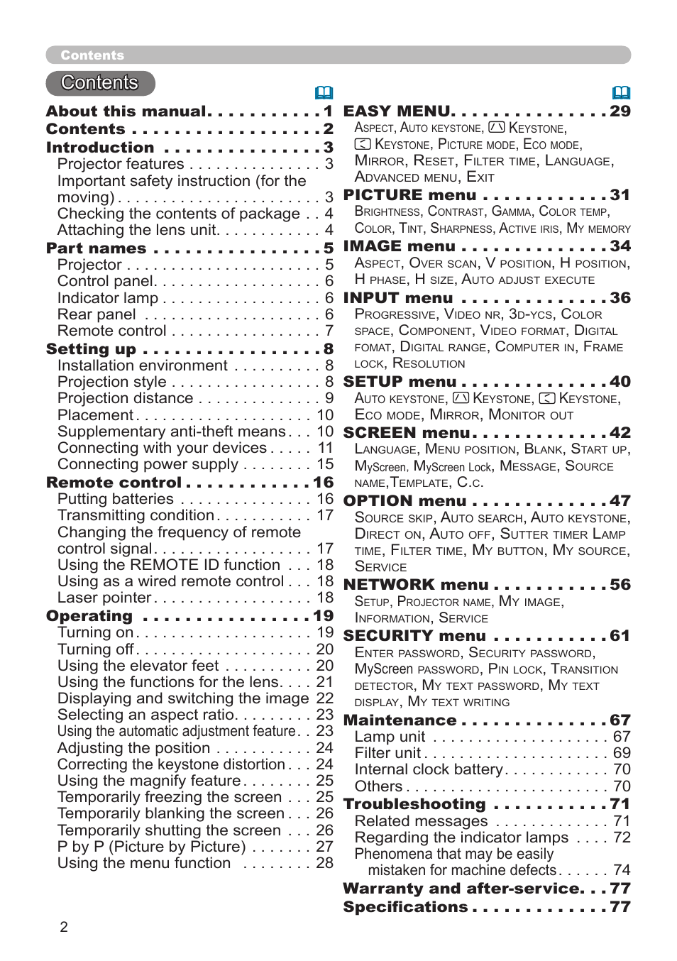 Hitachi CP-X10000 User Manual | Page 2 / 78