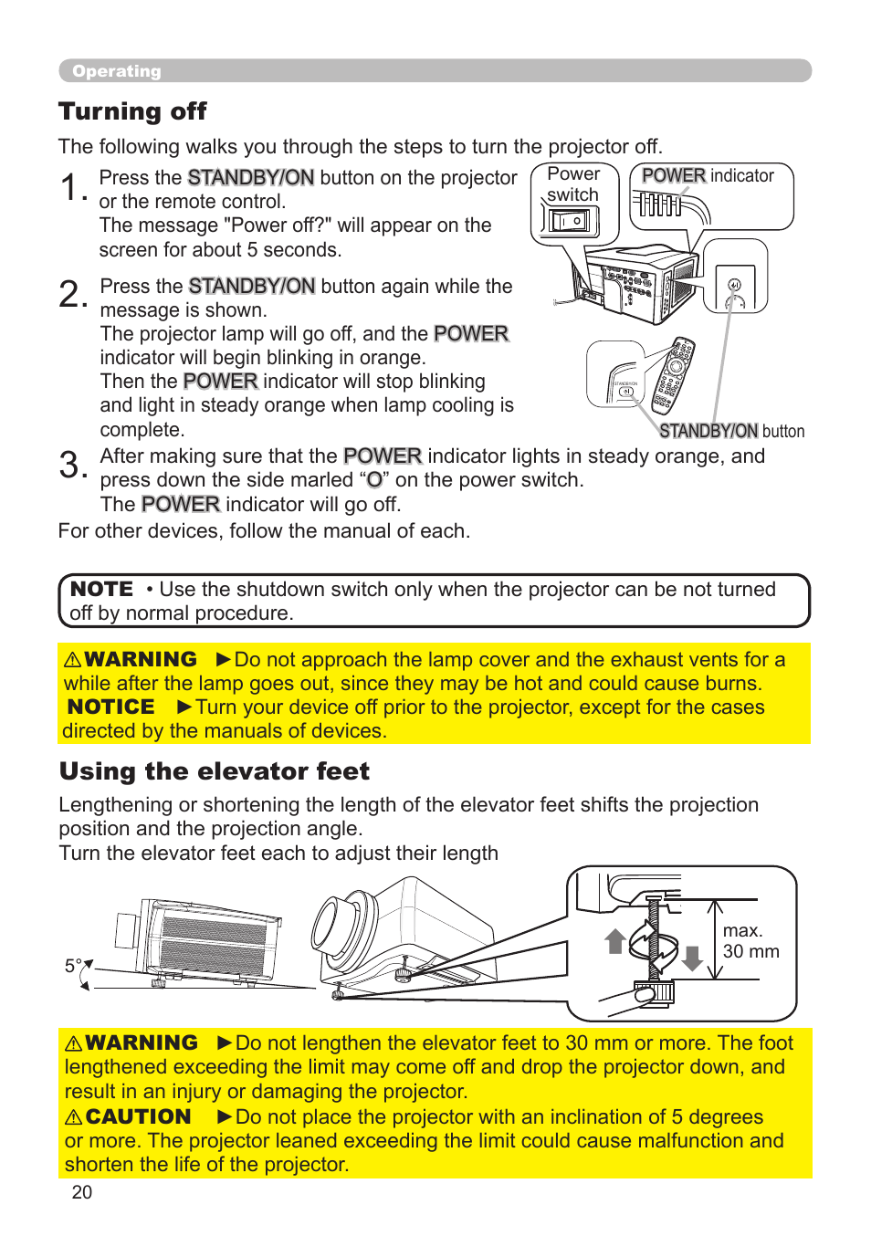 Turning off, Using the elevator feet | Hitachi CP-X10000 User Manual | Page 20 / 78