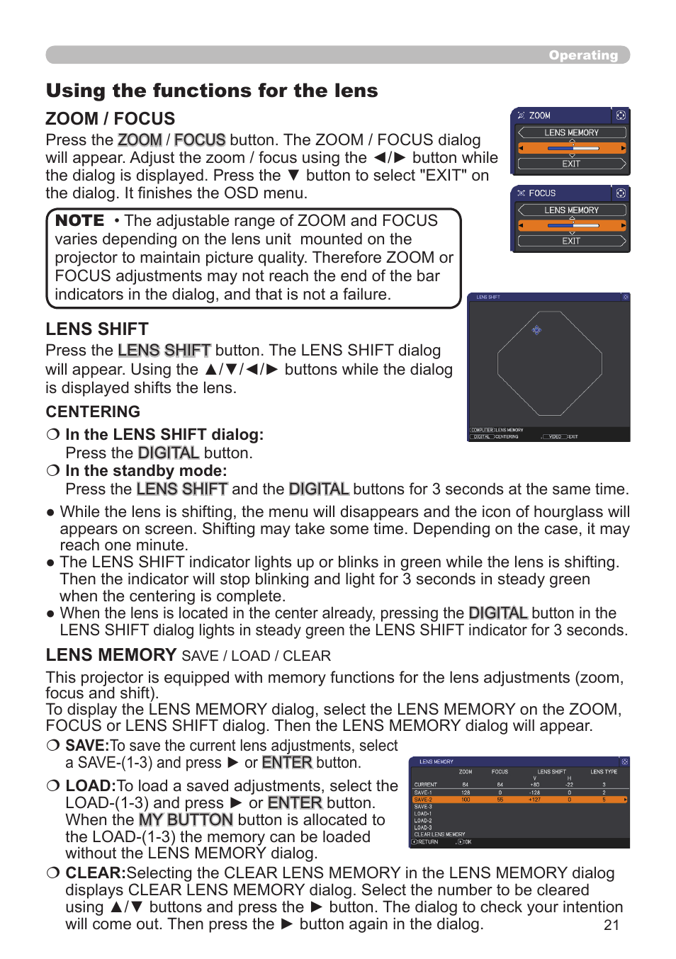 Using the functions for the lens | Hitachi CP-X10000 User Manual | Page 21 / 78