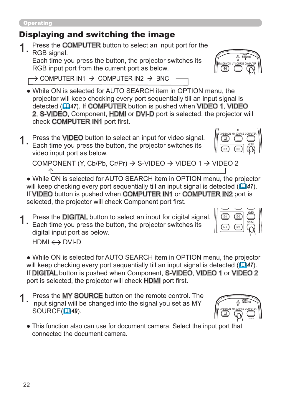 Displaying and switching the image, Computer in1  computer in2  bnc, Operating | Hitachi CP-X10000 User Manual | Page 22 / 78