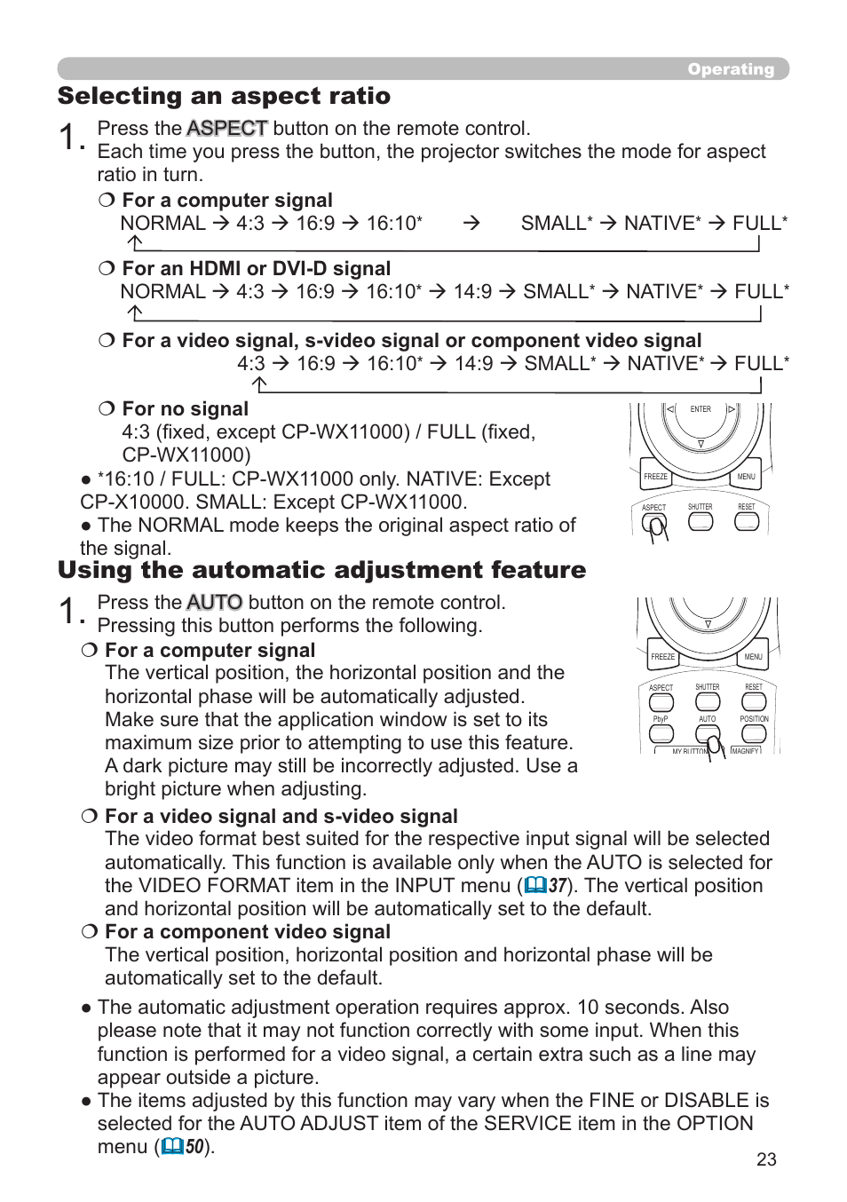 Using the automatic adjustment feature, Selecting an aspect ratio, Small | Native, Full, 9  small | Hitachi CP-X10000 User Manual | Page 23 / 78