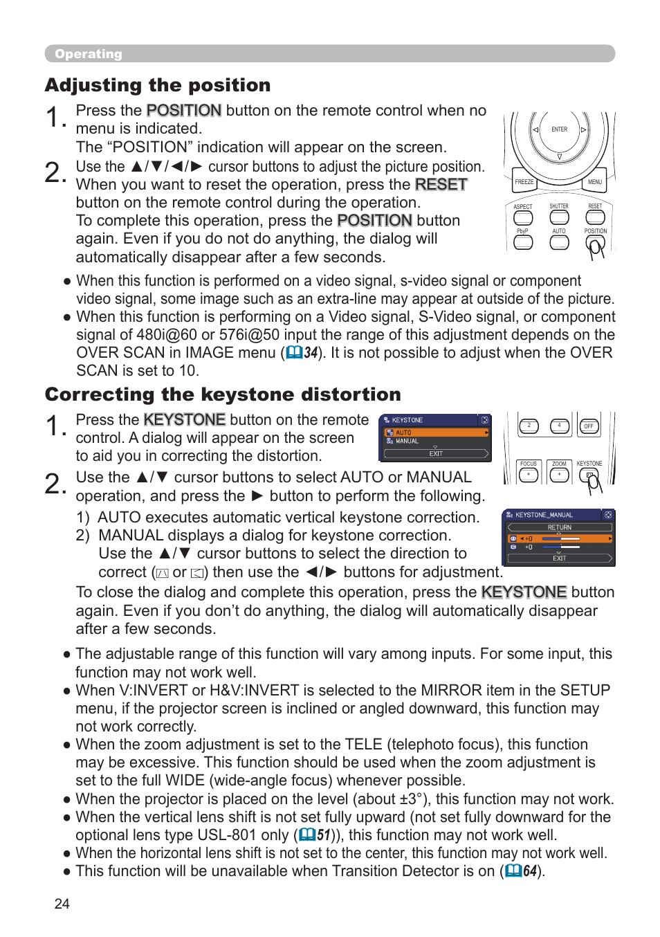 Adjusting the position, Correcting the keystone distortion, Operating | Hitachi CP-X10000 User Manual | Page 24 / 78