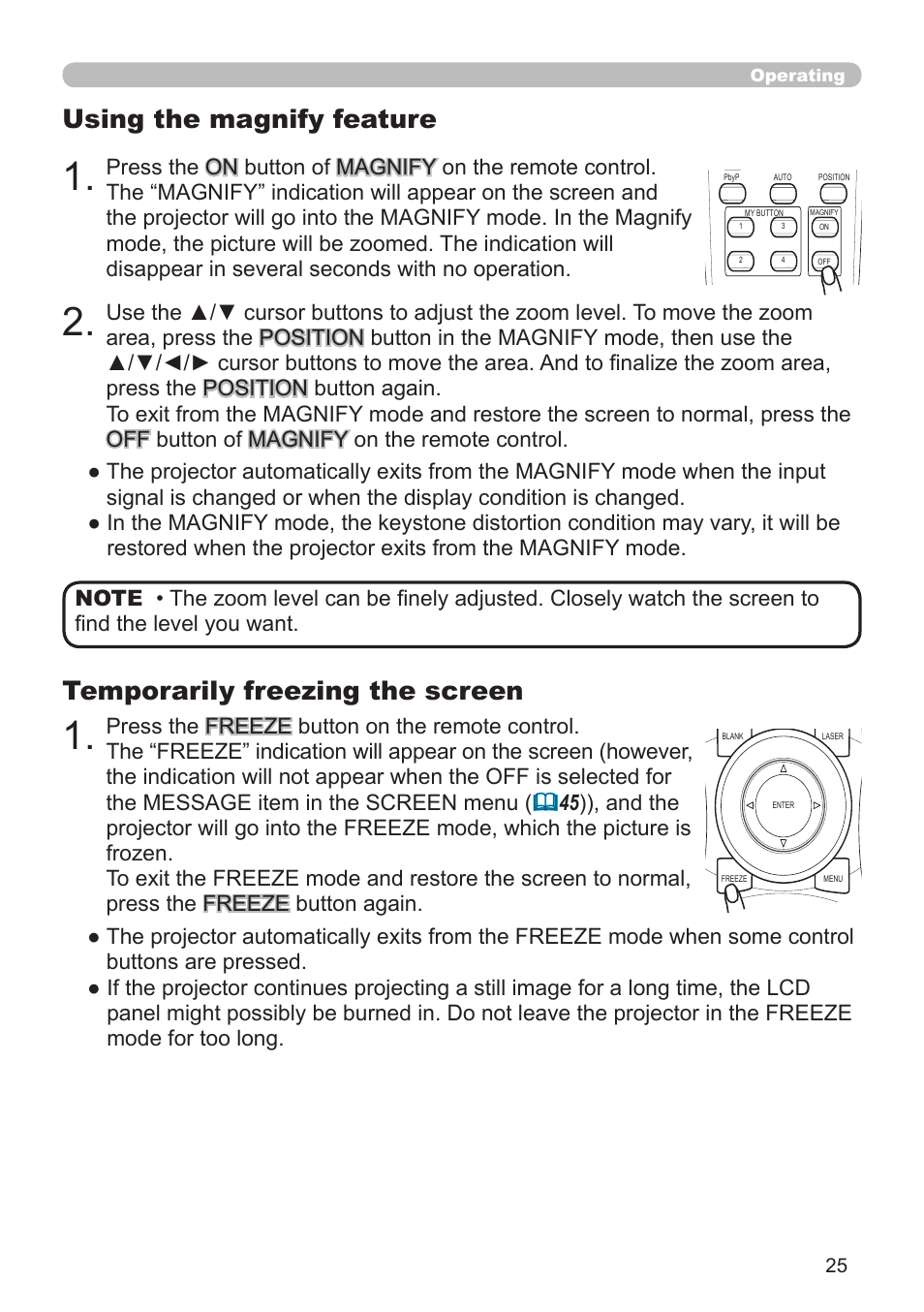Using the magnify feature, Temporarily freezing the screen, Operating | Hitachi CP-X10000 User Manual | Page 25 / 78
