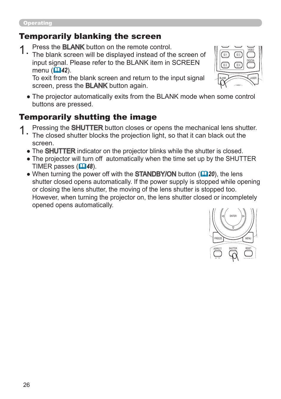 Temporarily blanking the screen, Temporarily shutting the image, Operating | Hitachi CP-X10000 User Manual | Page 26 / 78