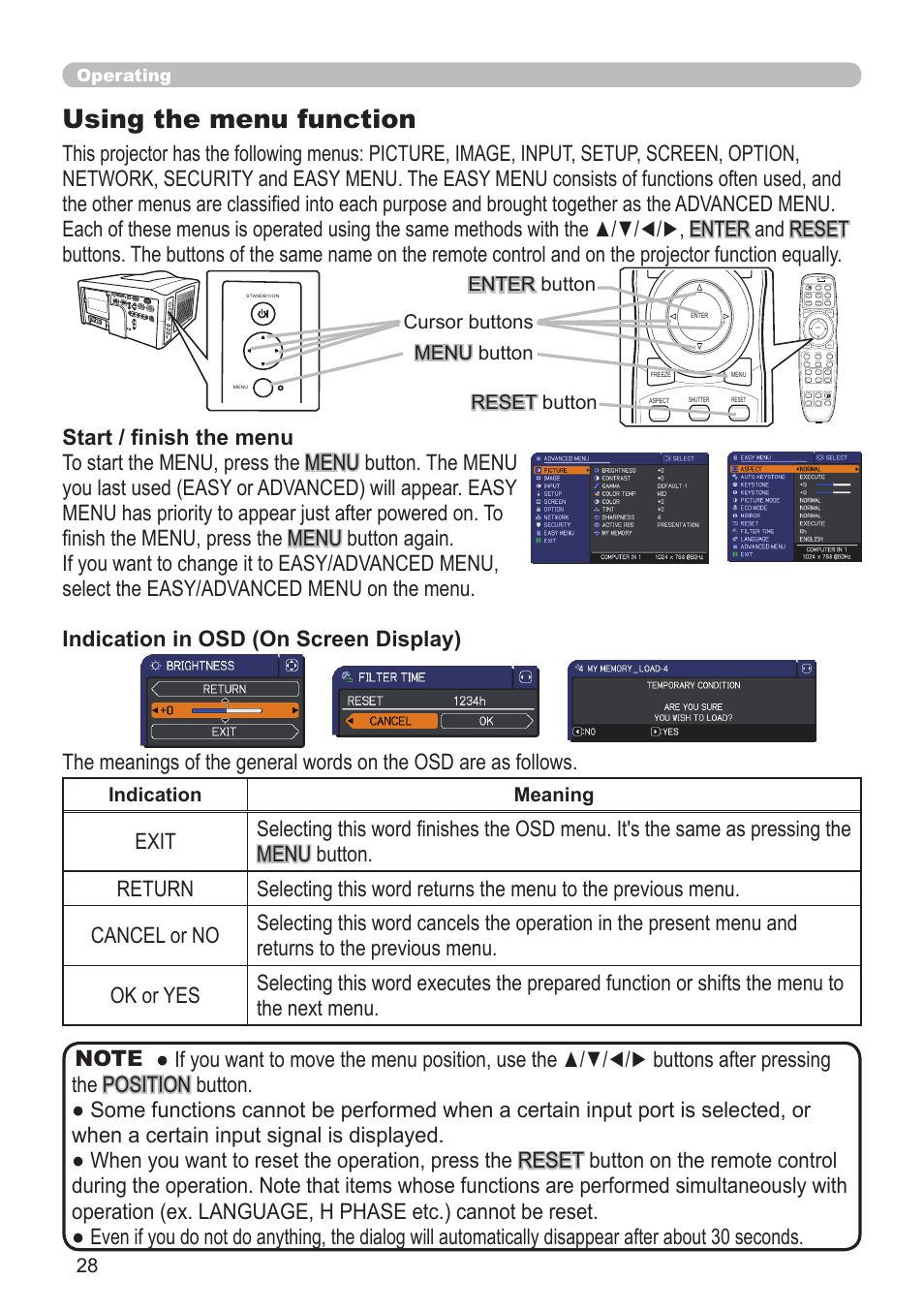 Using the menu function, Indication meaning, Operating | Laser indicator, Magnify on off 3 4, Focus, Zoom + - 1 2 | Hitachi CP-X10000 User Manual | Page 28 / 78