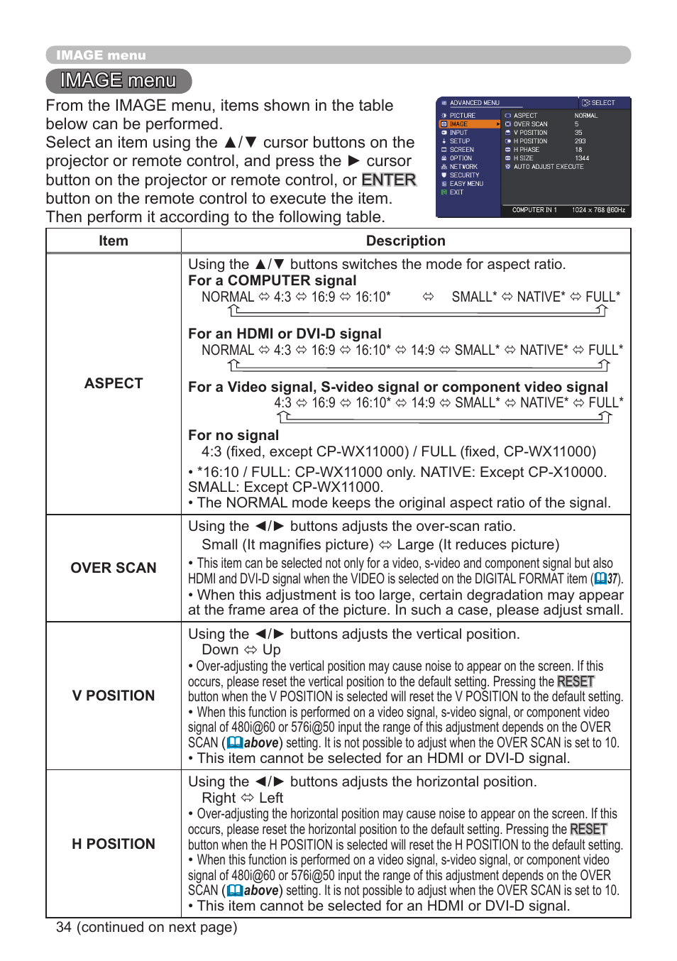 Image menu | Hitachi CP-X10000 User Manual | Page 34 / 78