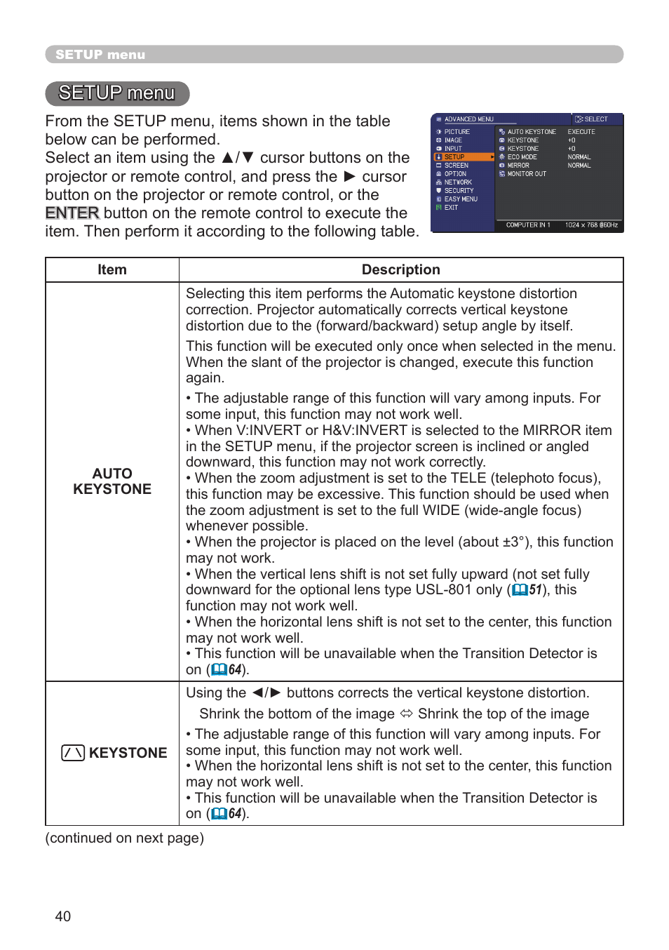 Setup menu | Hitachi CP-X10000 User Manual | Page 40 / 78