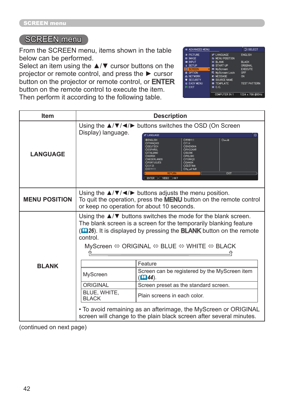 Screen menu | Hitachi CP-X10000 User Manual | Page 42 / 78