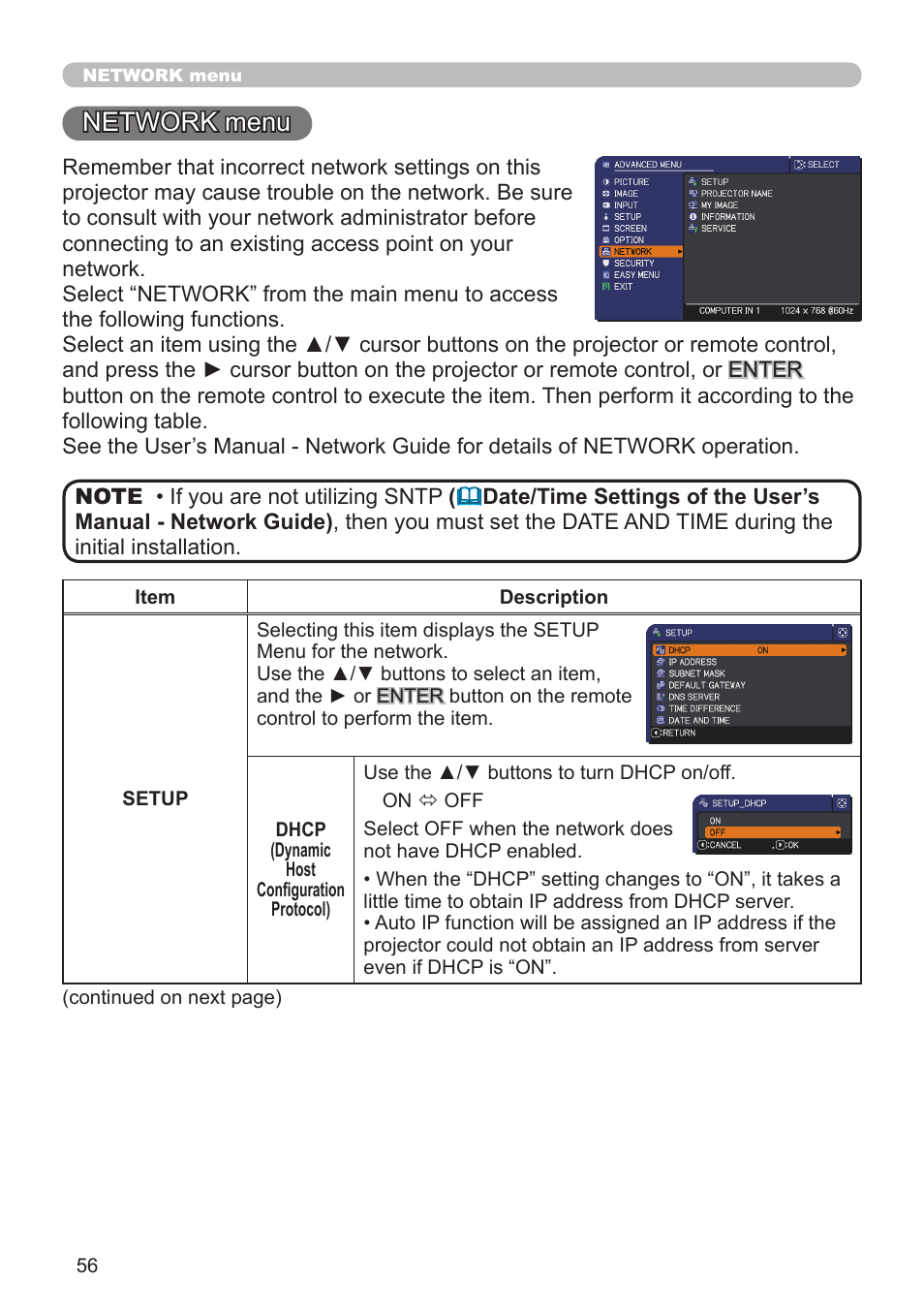 Network menu | Hitachi CP-X10000 User Manual | Page 56 / 78