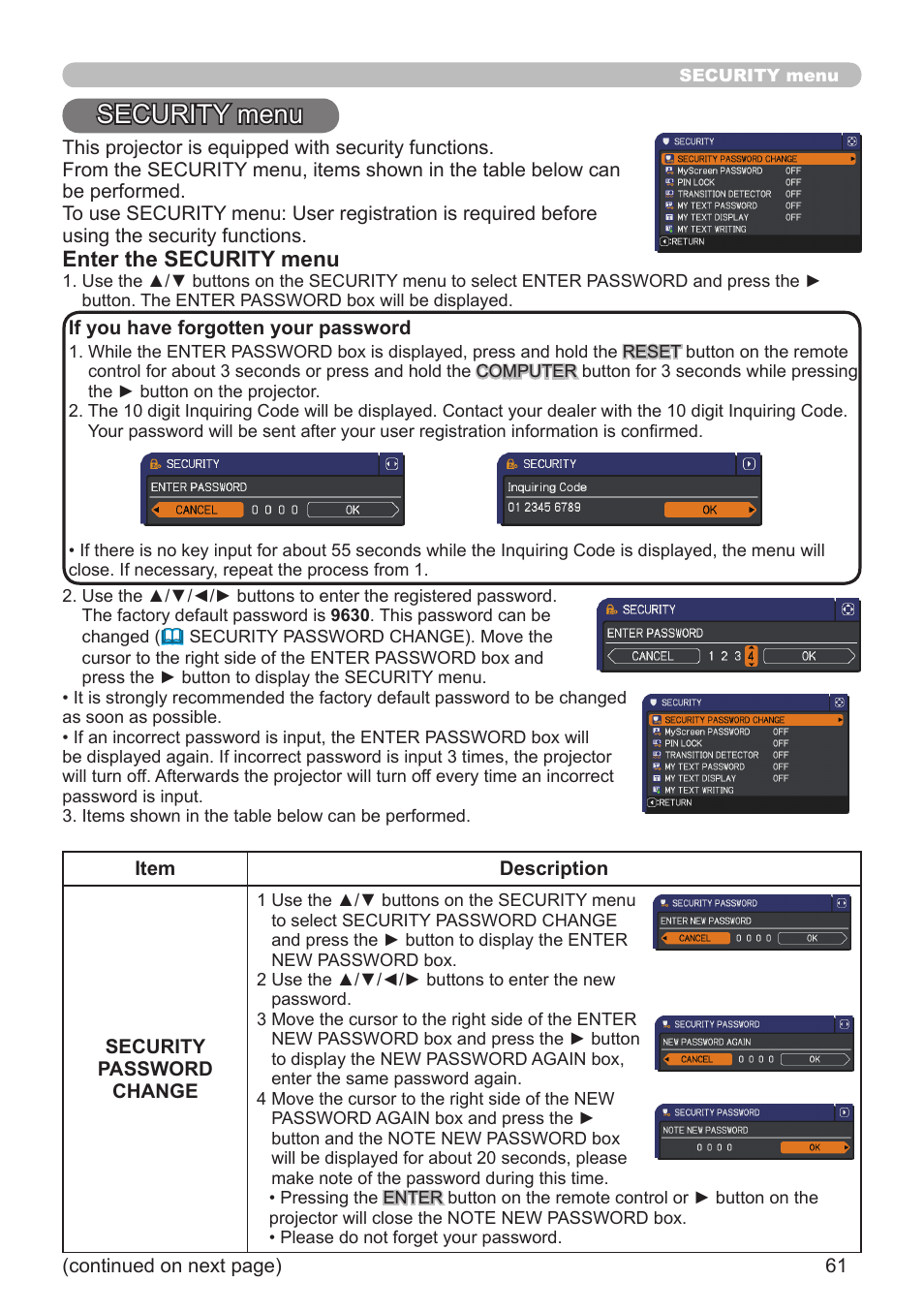 Security menu | Hitachi CP-X10000 User Manual | Page 61 / 78