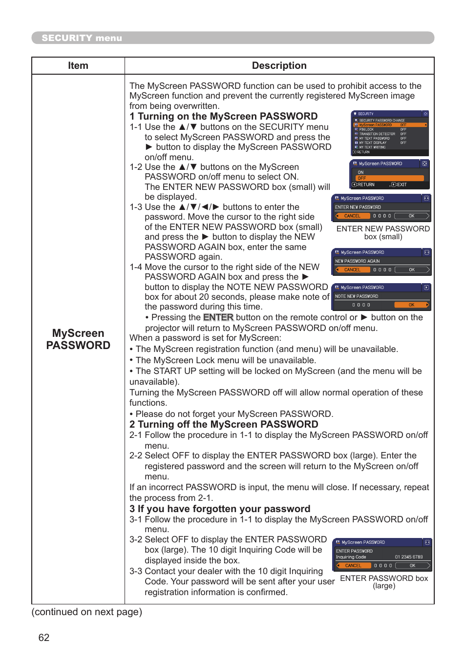 Myscreen password | Hitachi CP-X10000 User Manual | Page 62 / 78