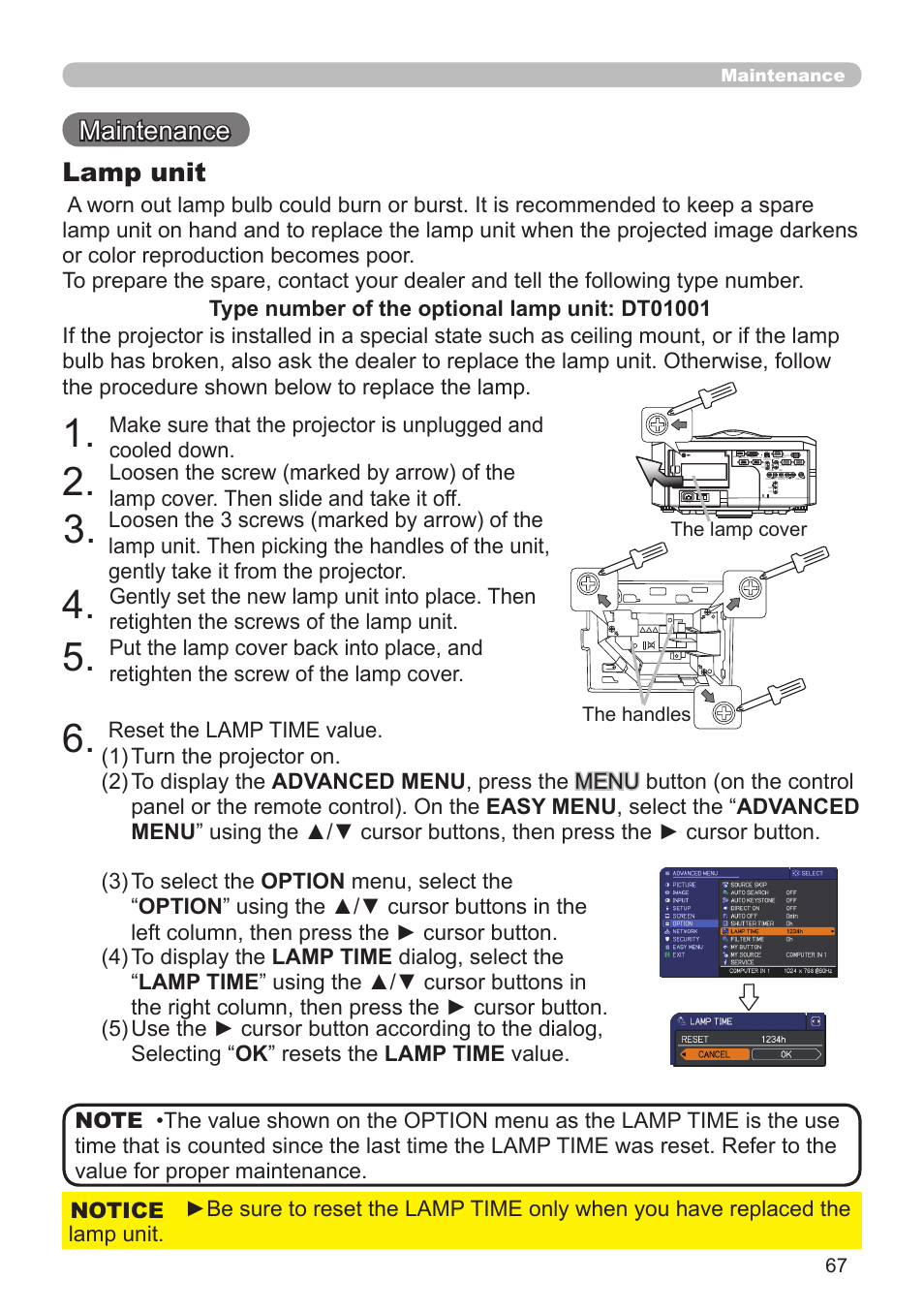 Maintenance, Lamp unit | Hitachi CP-X10000 User Manual | Page 67 / 78