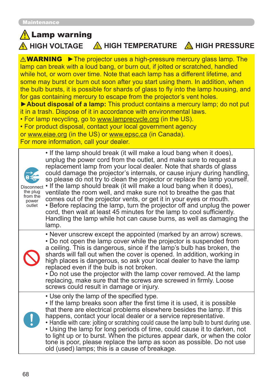 Lamp warning | Hitachi CP-X10000 User Manual | Page 68 / 78