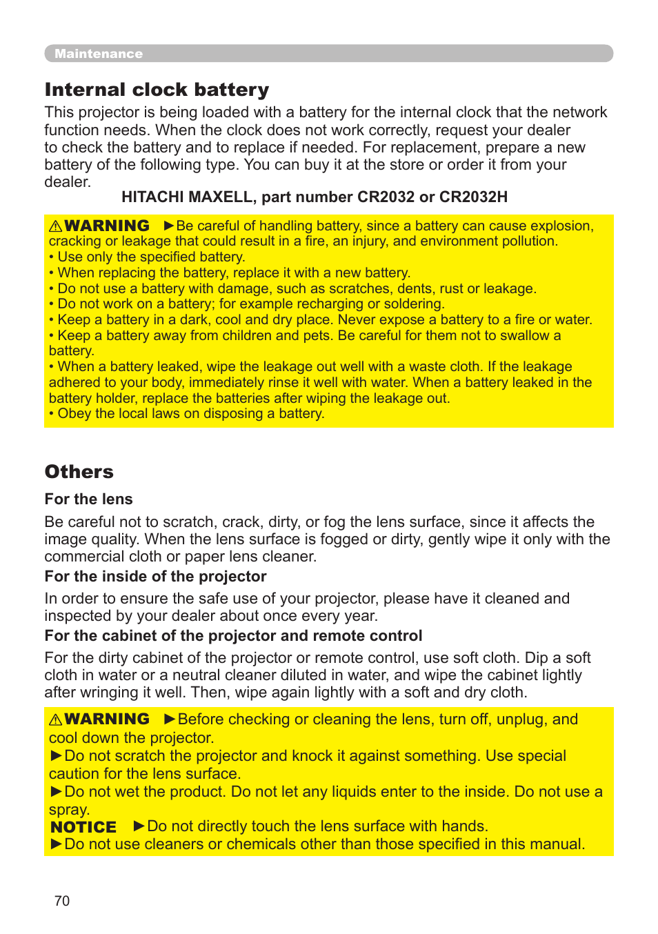 Internal clock battery, Others | Hitachi CP-X10000 User Manual | Page 70 / 78