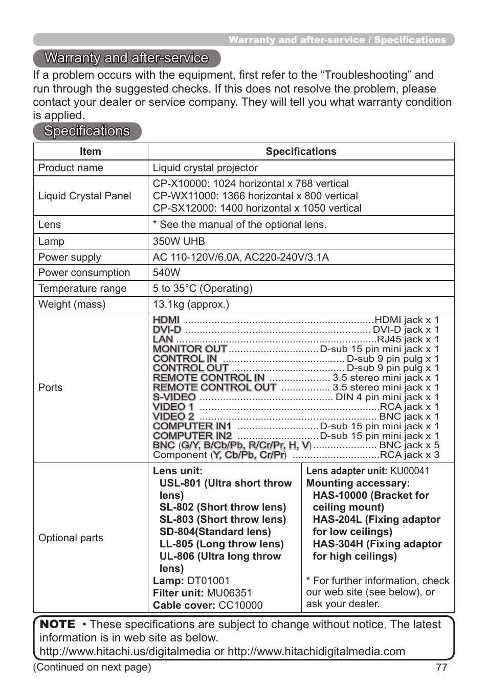 Warranty and after-service, Specifications | Hitachi CP-X10000 User Manual | Page 77 / 78