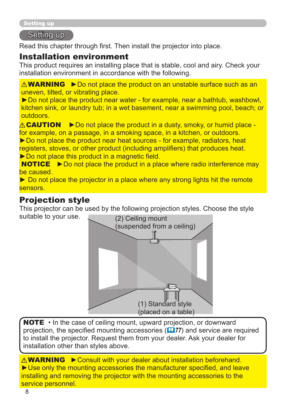 Setting up, Installation environment, Projection style | Hitachi CP-X10000 User Manual | Page 8 / 78