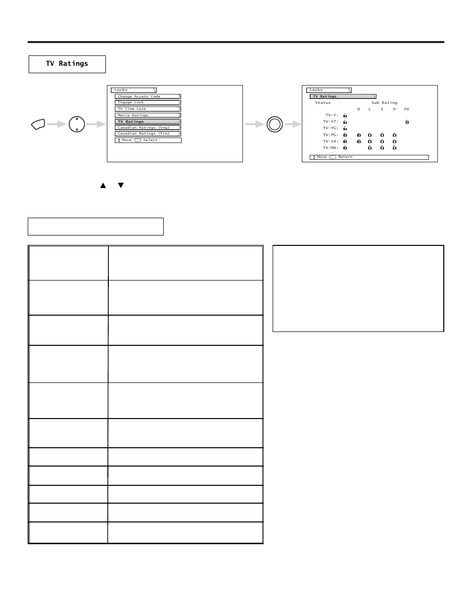 Locks, Tv-y tv-y7 tv-g tv-pg tv-14 tv-ma | Hitachi 51SWX20B User Manual | Page 52 / 72