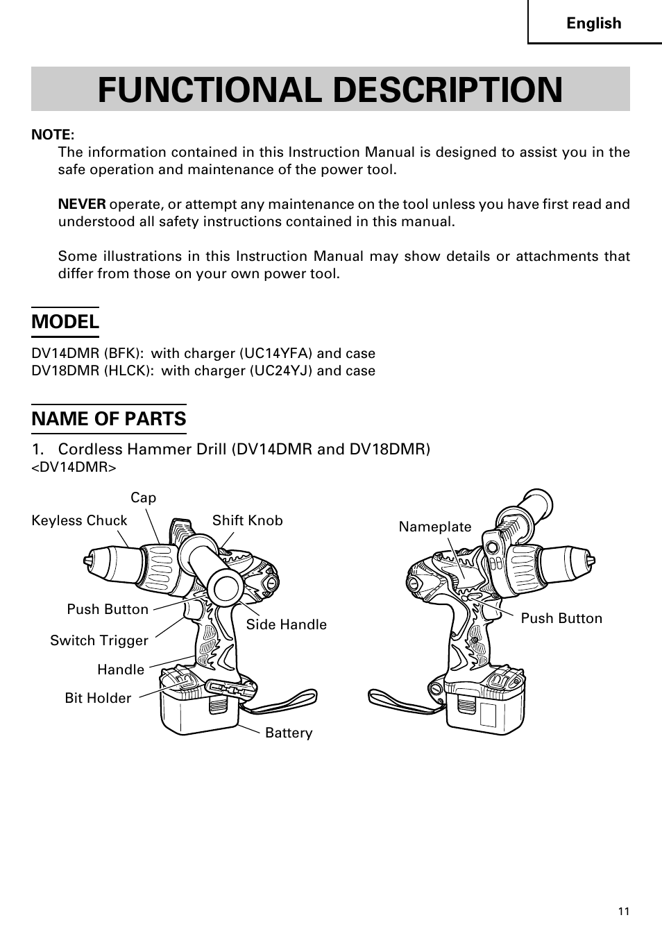 Functional description, Model, Name of parts | Hitachi DV14DMR User Manual | Page 11 / 96