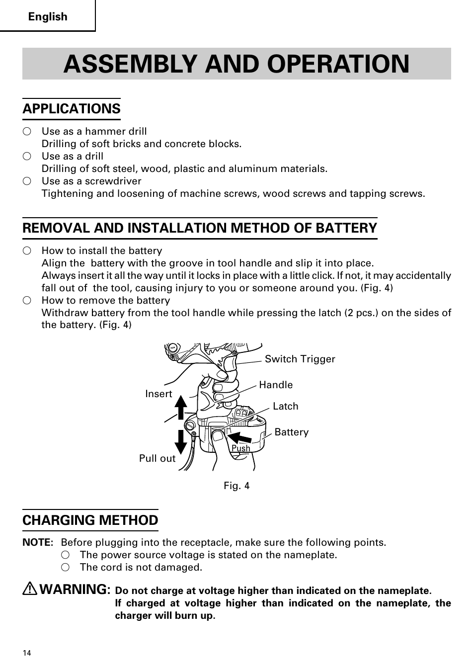 Assembly and operation, Applications, Removal and installation method of battery | Charging method, Warning | Hitachi DV14DMR User Manual | Page 14 / 96