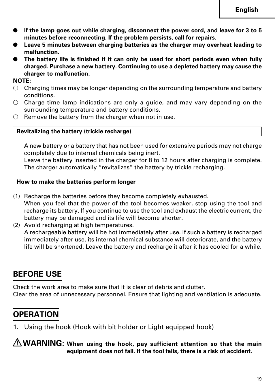 Before use, Operation, Warning | Hitachi DV14DMR User Manual | Page 19 / 96