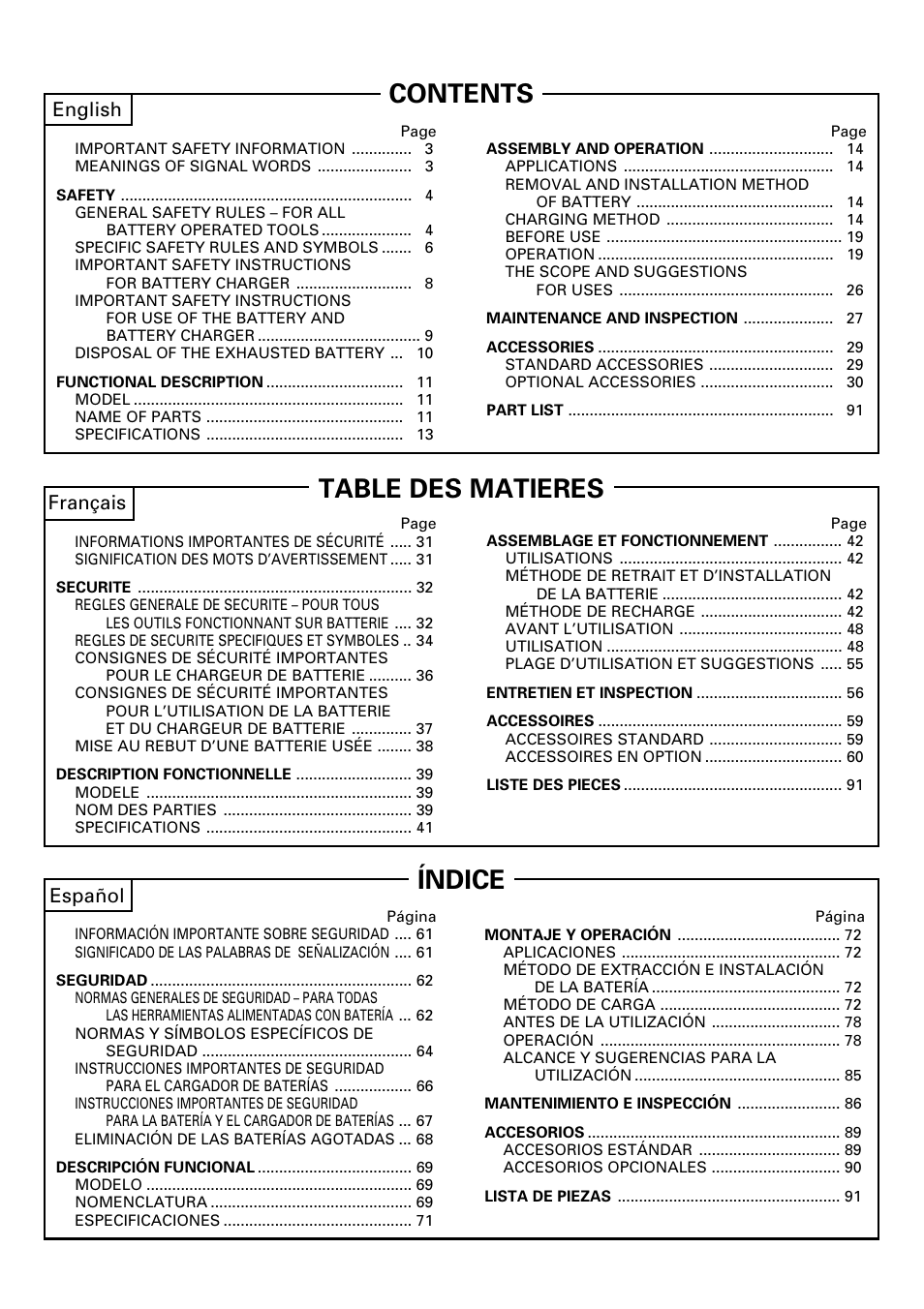 Table des matieres, Contents índice, Français | Español, English | Hitachi DV14DMR User Manual | Page 2 / 96