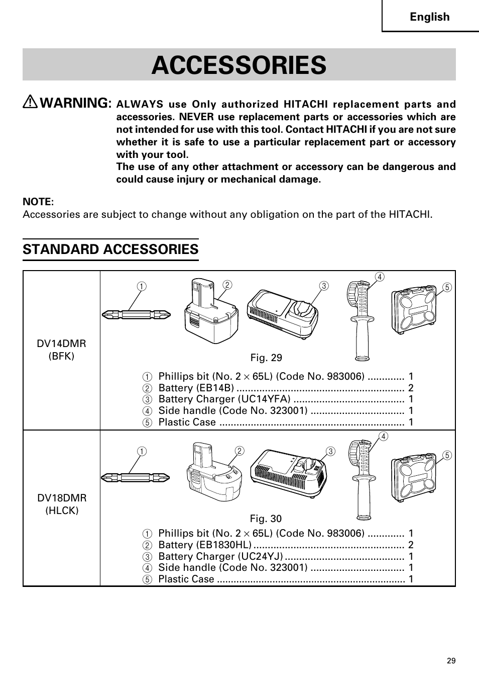 Accessories, Warning, Standard accessories | Hitachi DV14DMR User Manual | Page 29 / 96