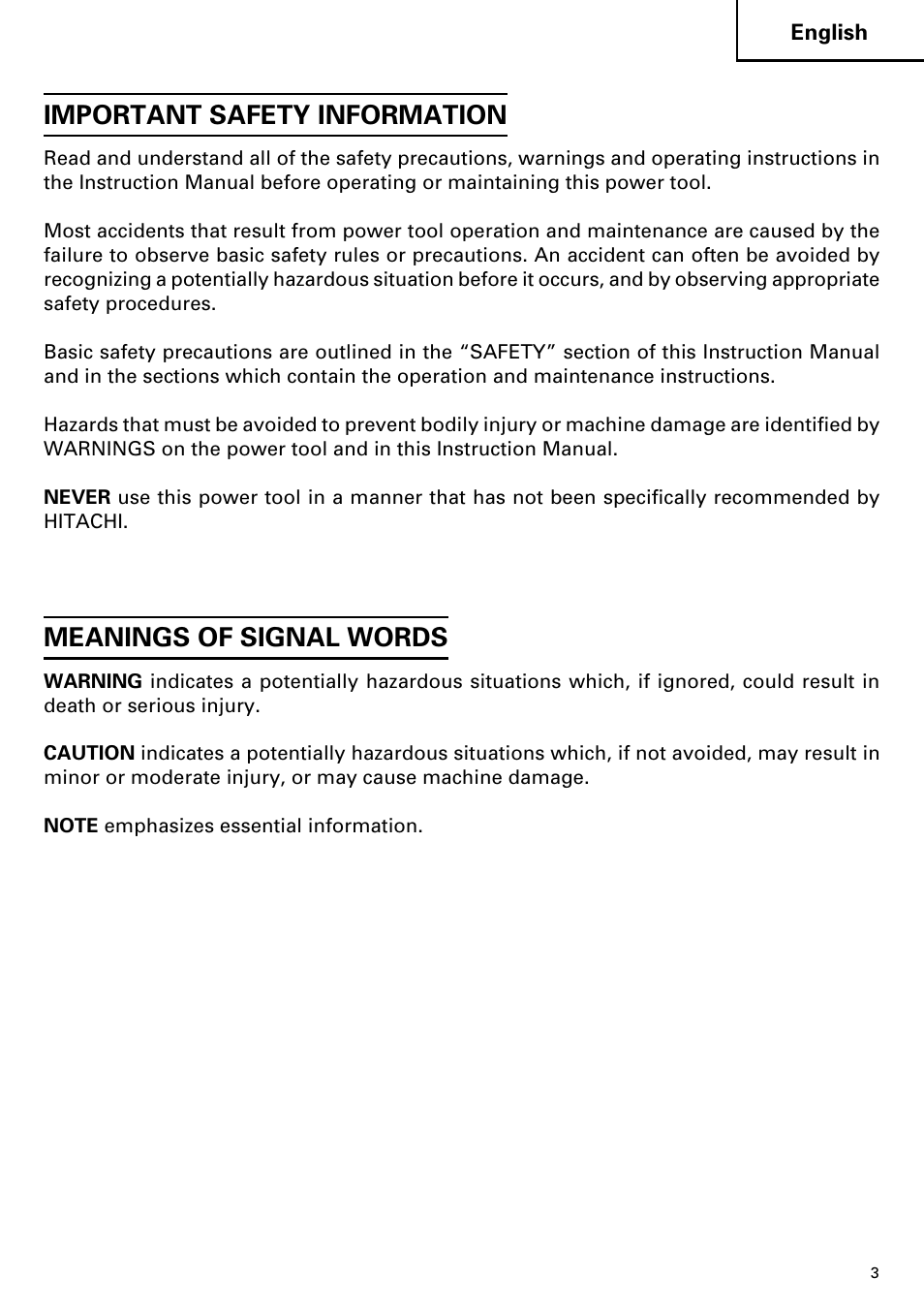 Important safety information, Meanings of signal words | Hitachi DV14DMR User Manual | Page 3 / 96