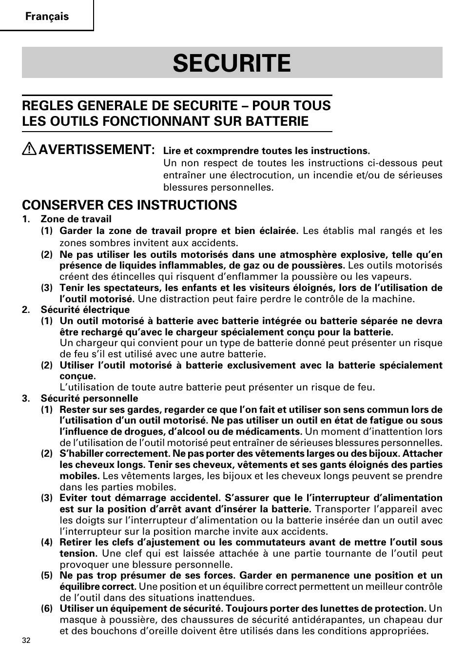 Securite, Conserver ces instructions | Hitachi DV14DMR User Manual | Page 32 / 96