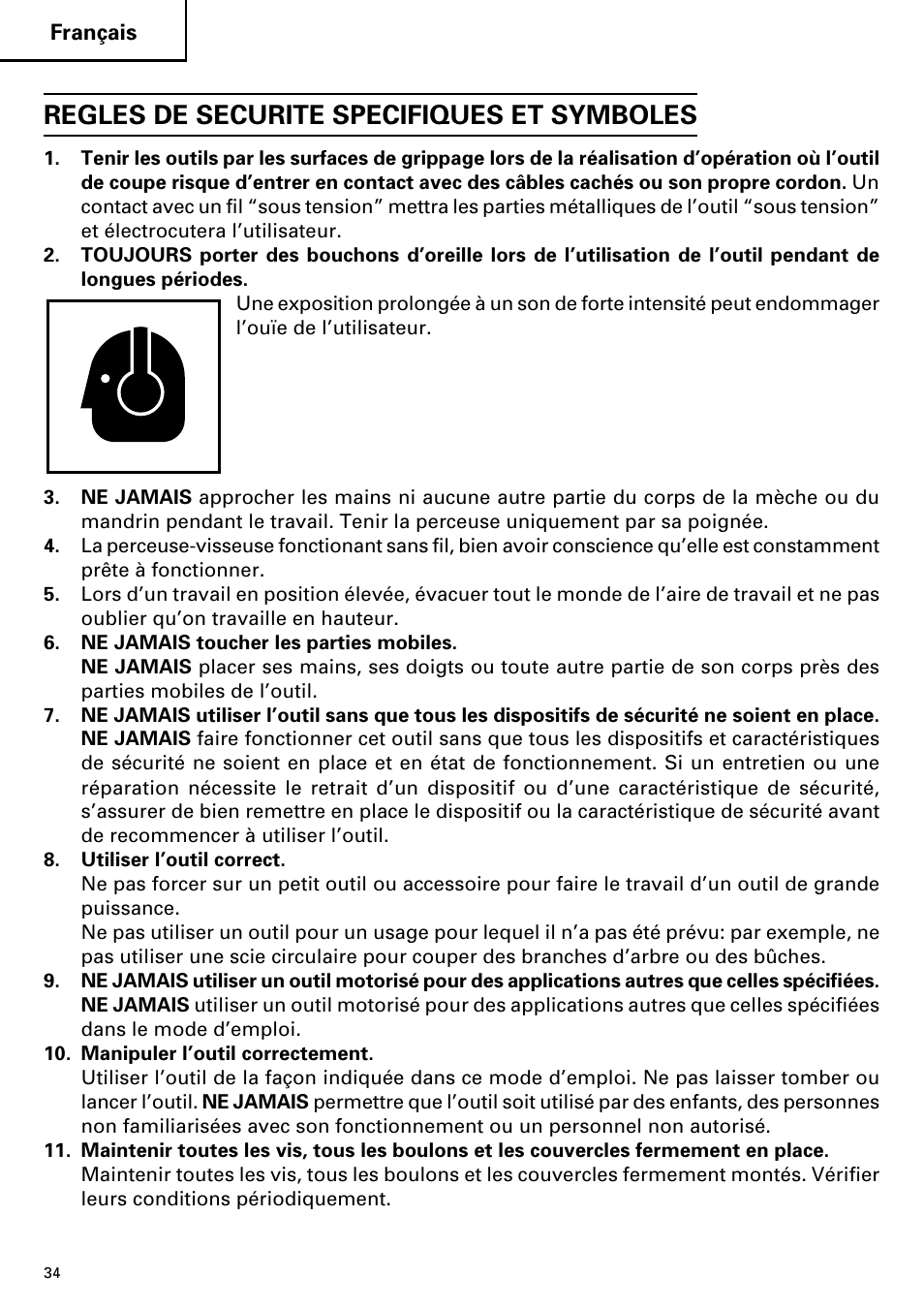 Regles de securite specifiques et symboles | Hitachi DV14DMR User Manual | Page 34 / 96