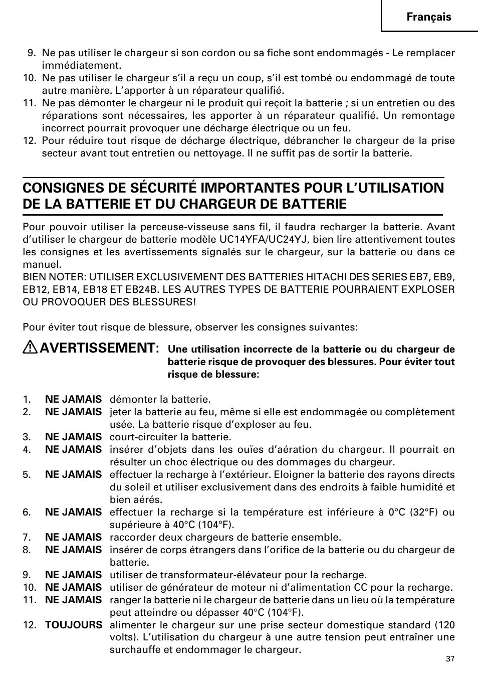 Avertissement | Hitachi DV14DMR User Manual | Page 37 / 96