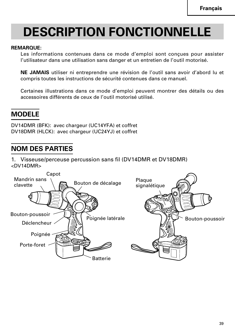 Description fonctionnelle, Modele, Nom des parties | Hitachi DV14DMR User Manual | Page 39 / 96