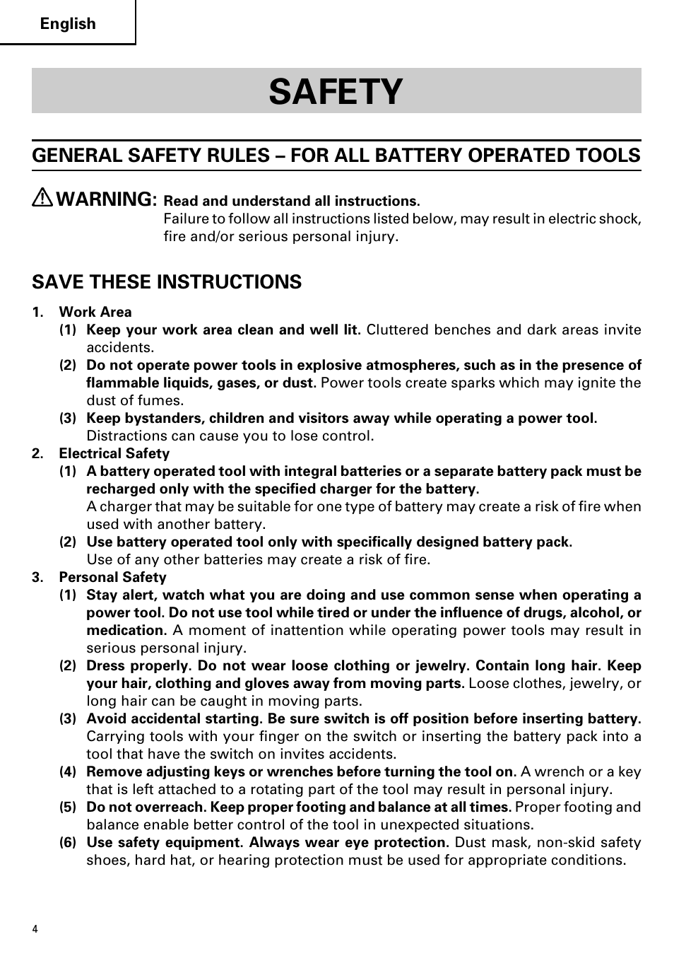 Safety, Save these instructions | Hitachi DV14DMR User Manual | Page 4 / 96