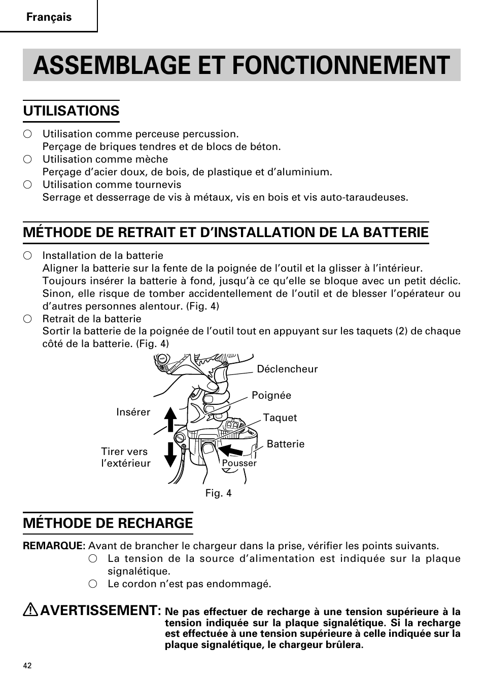Assemblage et fonctionnement, Utilisations, Méthode de recharge | Avertissement | Hitachi DV14DMR User Manual | Page 42 / 96