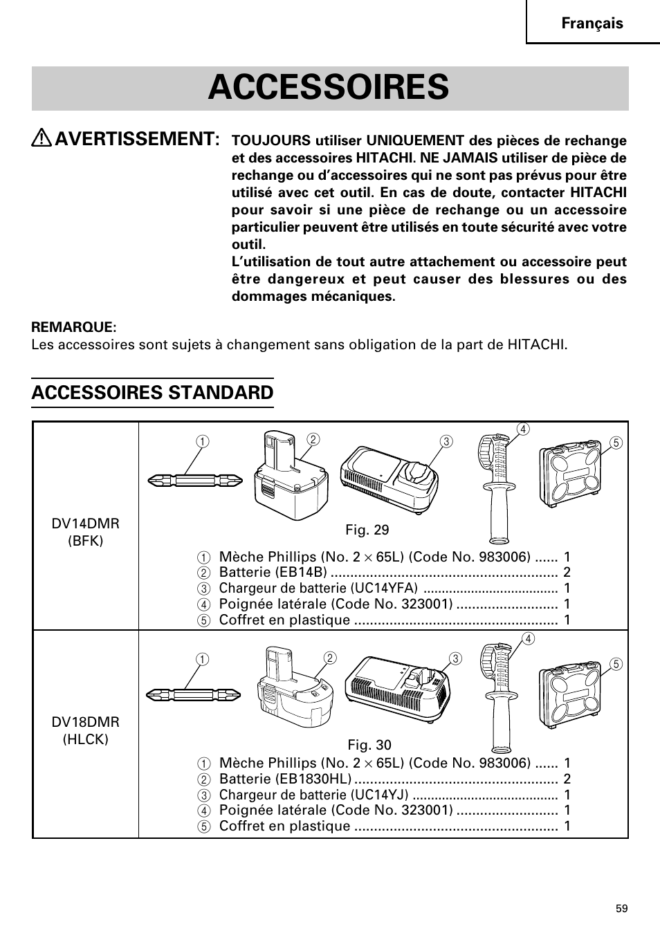 Accessoires, Avertissement, Accessoires standard | Hitachi DV14DMR User Manual | Page 59 / 96