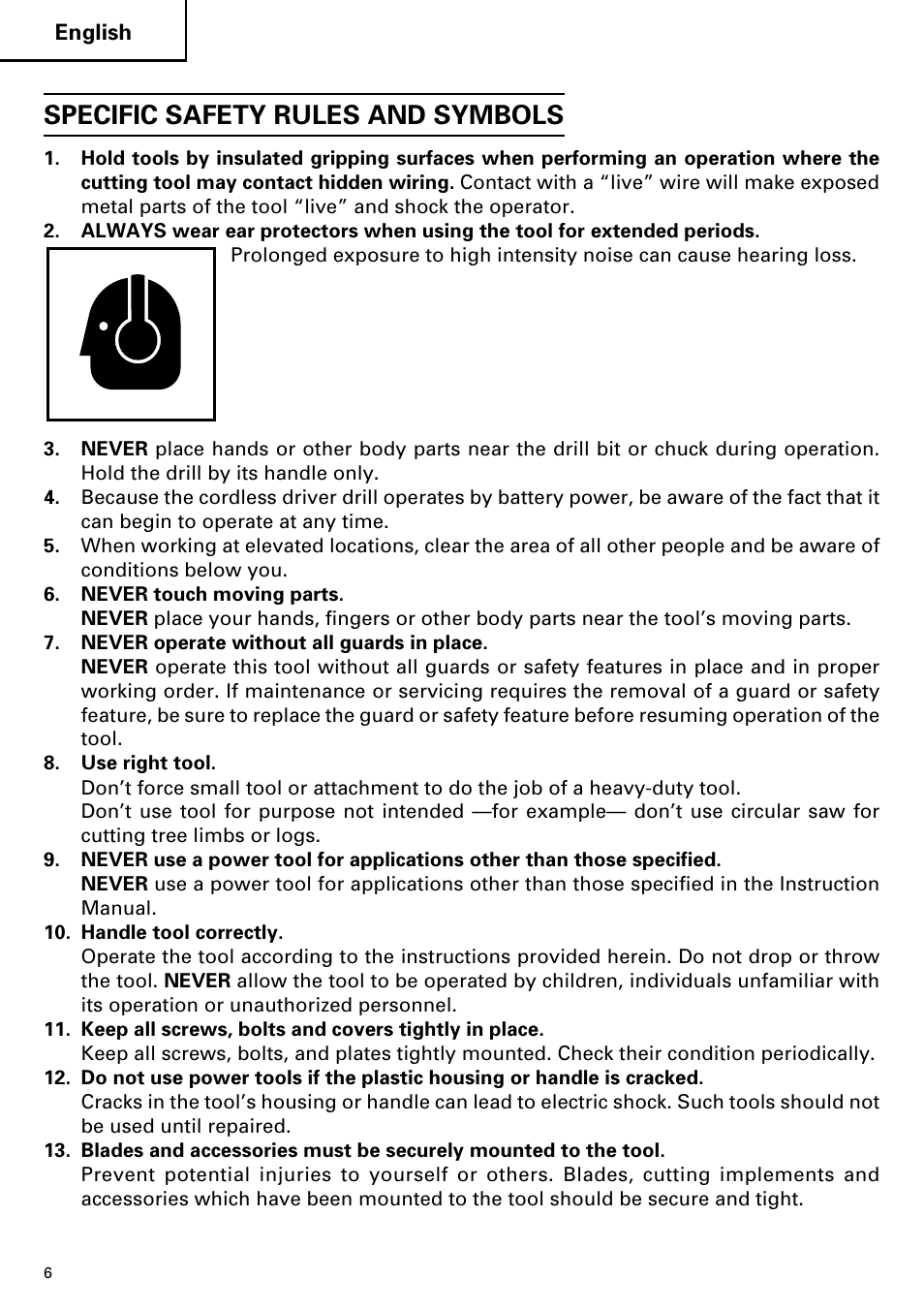 Specific safety rules and symbols | Hitachi DV14DMR User Manual | Page 6 / 96