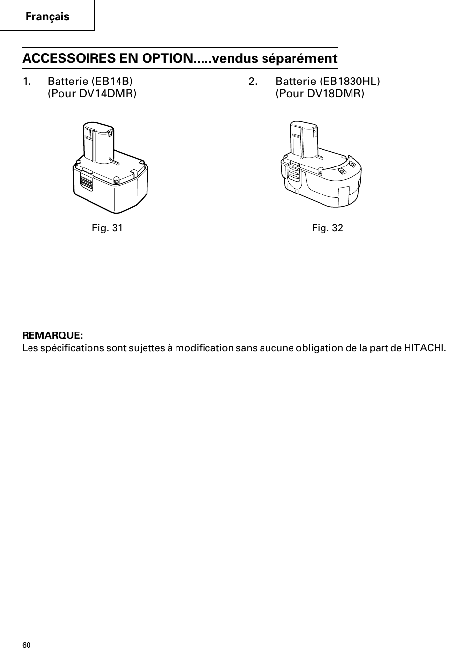 Accessoires en option.....vendus séparément | Hitachi DV14DMR User Manual | Page 60 / 96