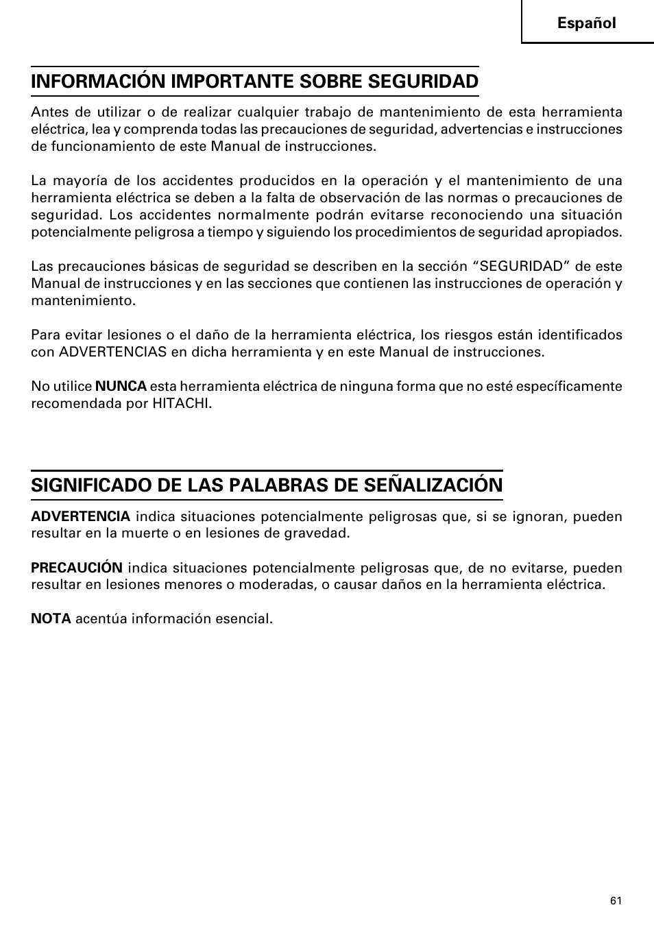 Información importante sobre seguridad, Significado de las palabras de señalización | Hitachi DV14DMR User Manual | Page 61 / 96