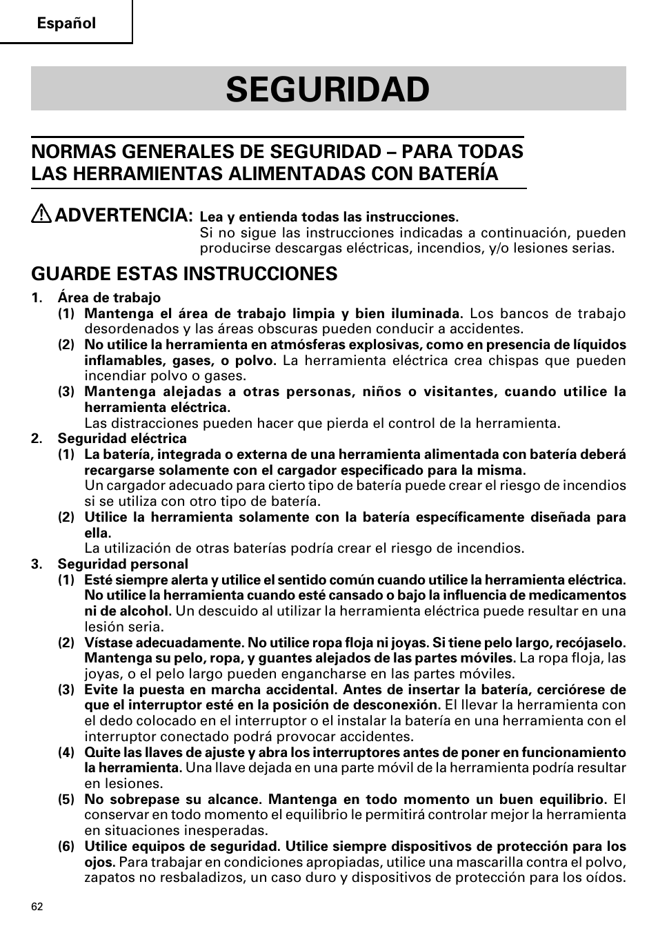 Seguridad, Guarde estas instrucciones | Hitachi DV14DMR User Manual | Page 62 / 96