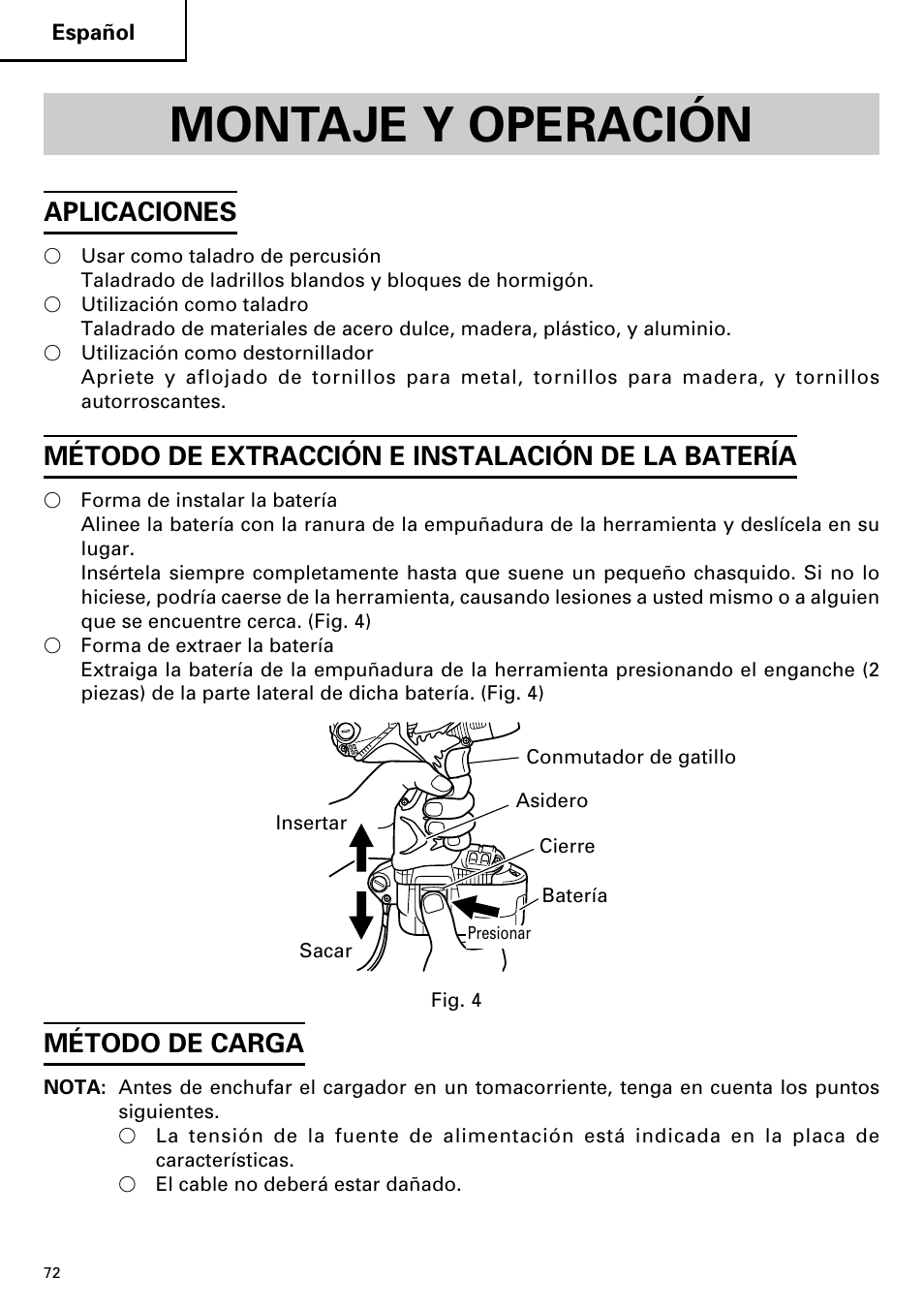 Montaje y operación, Aplicaciones, Método de extracción e instalación de la batería | Método de carga | Hitachi DV14DMR User Manual | Page 72 / 96