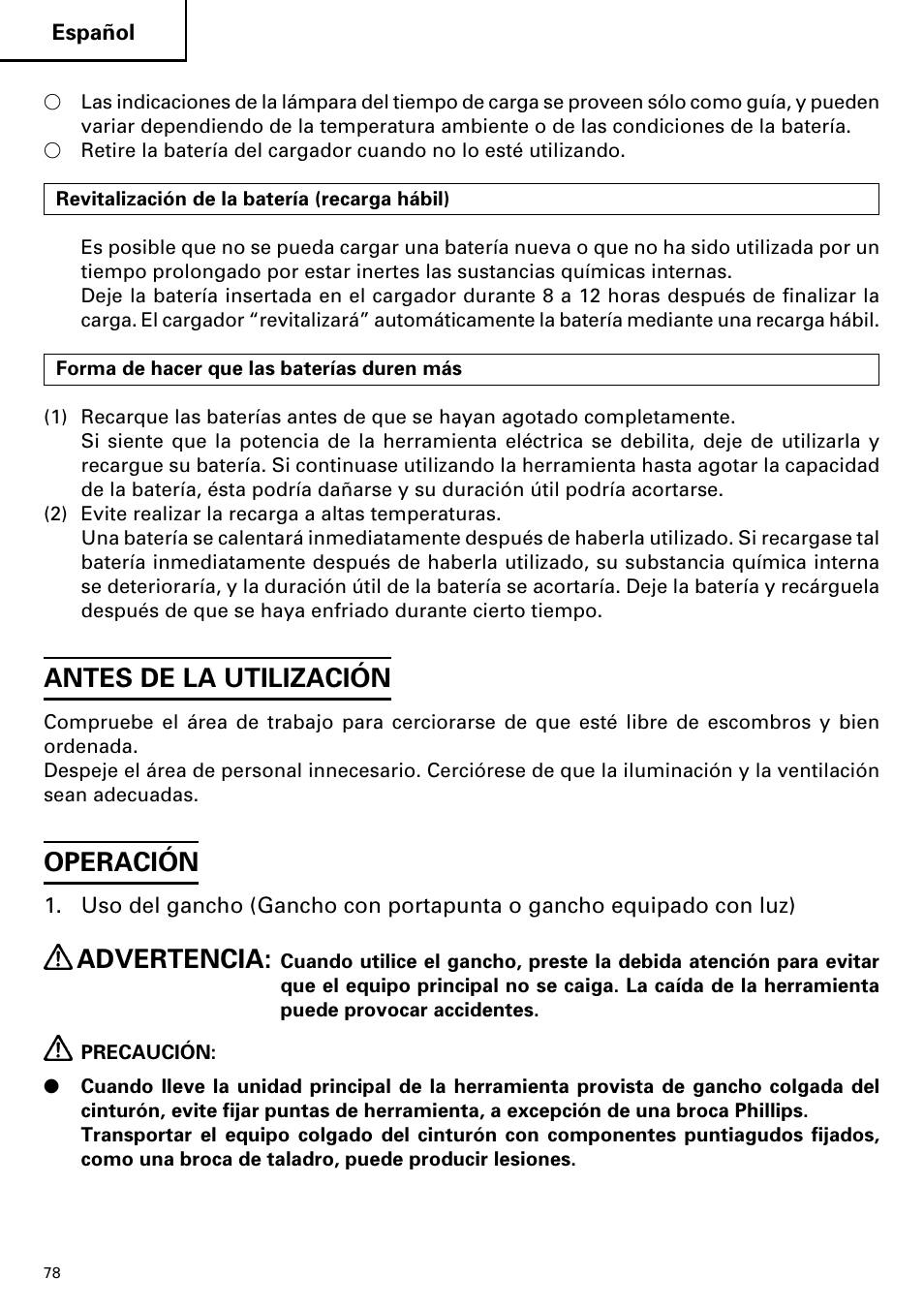 Antes de la utilización, Operación, Advertencia | Hitachi DV14DMR User Manual | Page 78 / 96