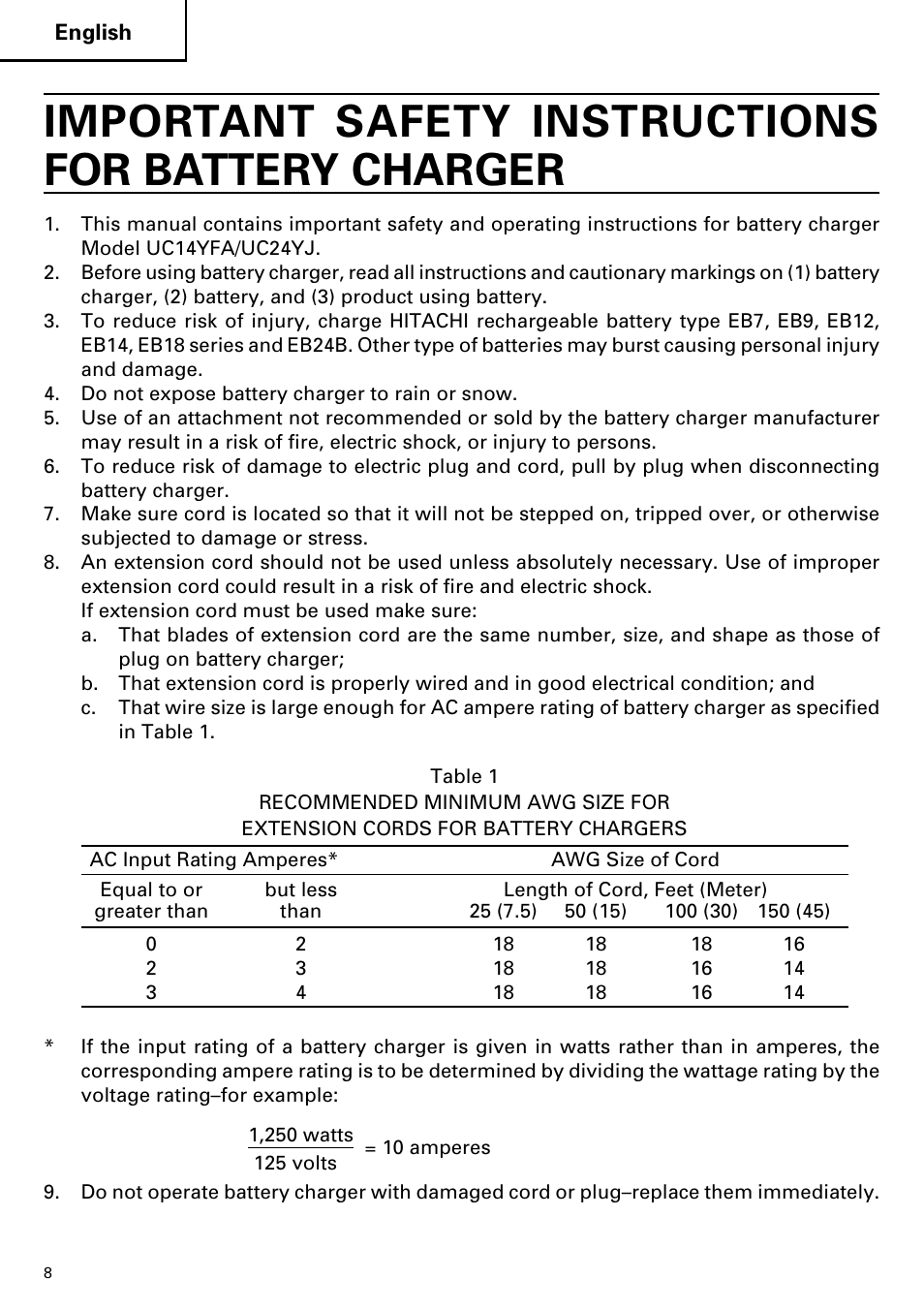 Important safety instructions for battery charger | Hitachi DV14DMR User Manual | Page 8 / 96