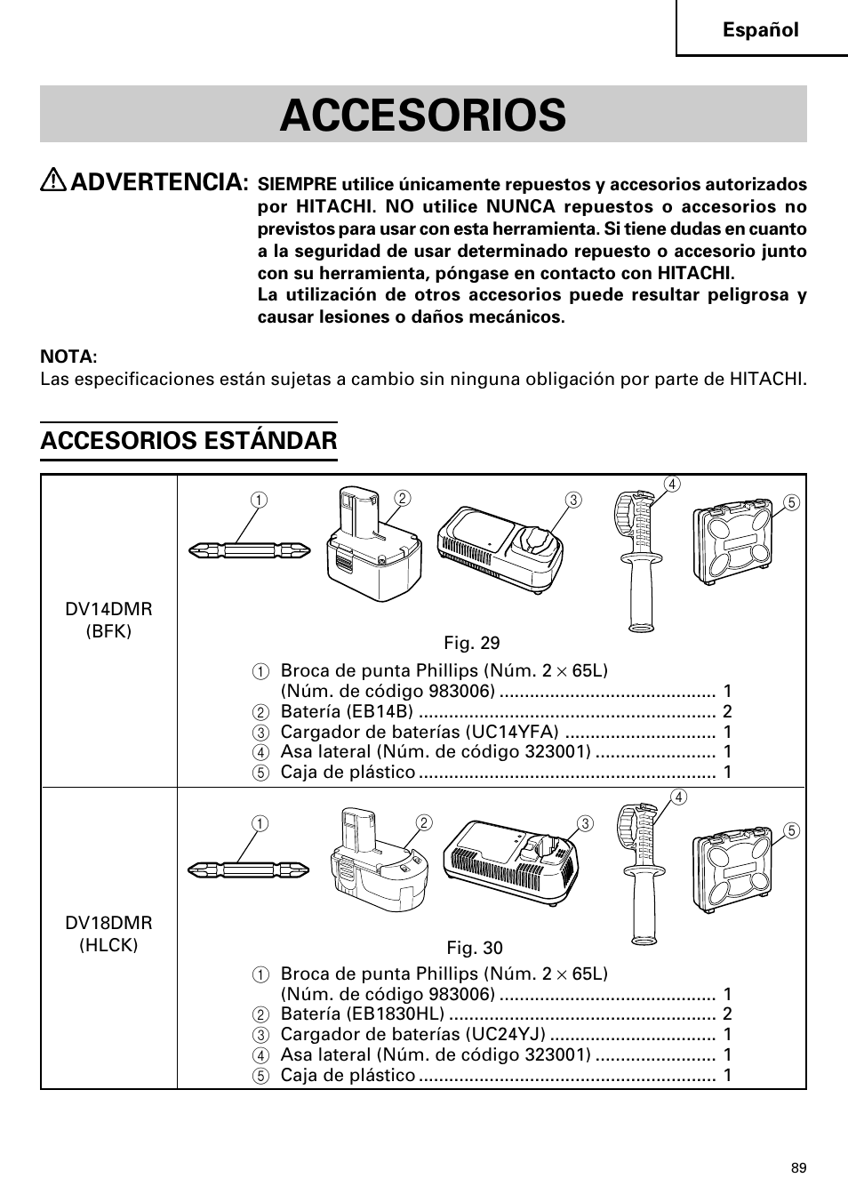 Accesorios, Advertencia, Accesorios estándar | Hitachi DV14DMR User Manual | Page 89 / 96