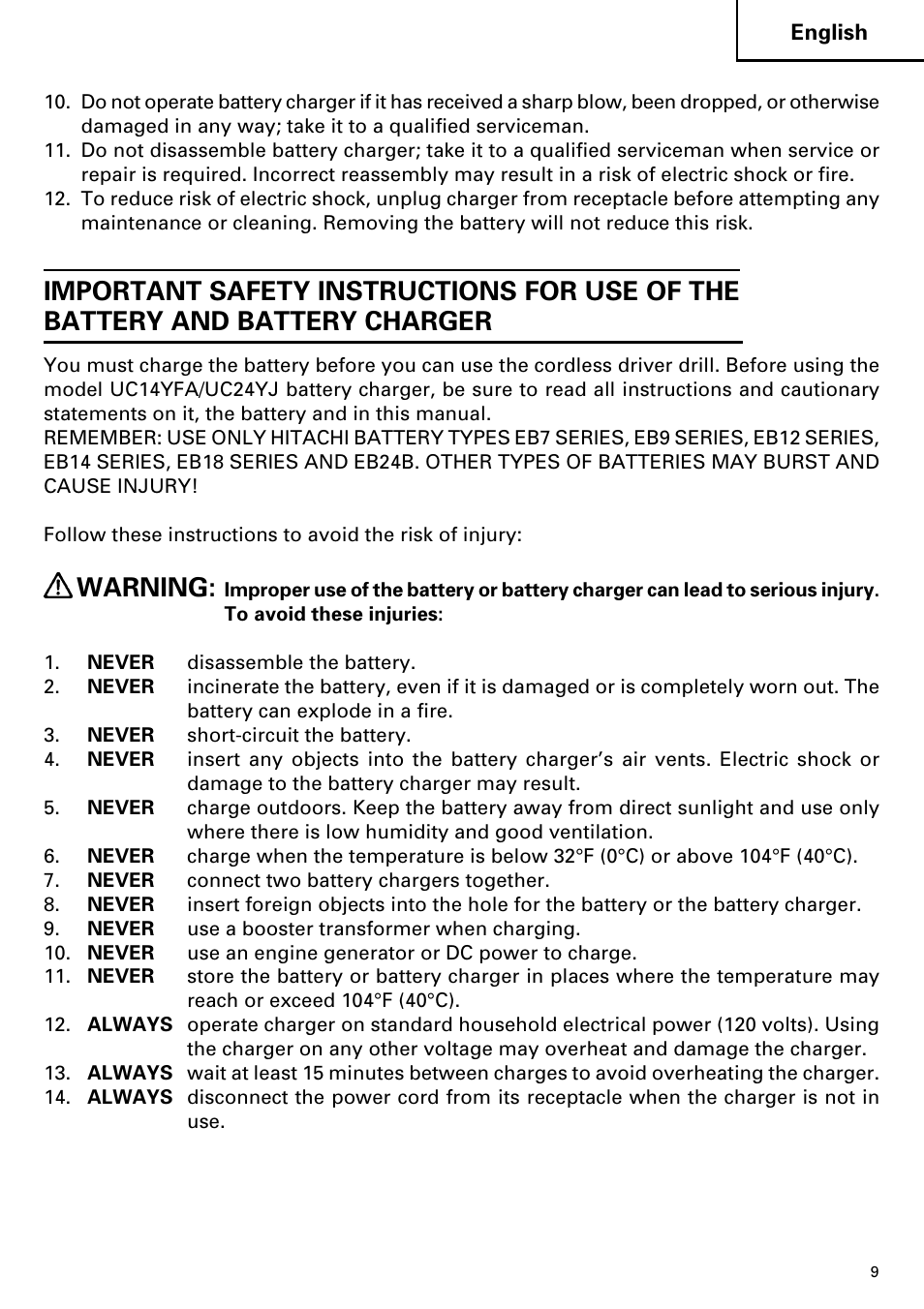 Warning | Hitachi DV14DMR User Manual | Page 9 / 96