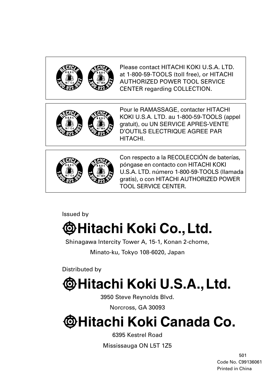 Hitachi koki co., ltd, Hitachi koki u.s.a., ltd, Hitachi koki canada co | Hitachi DV14DMR User Manual | Page 96 / 96