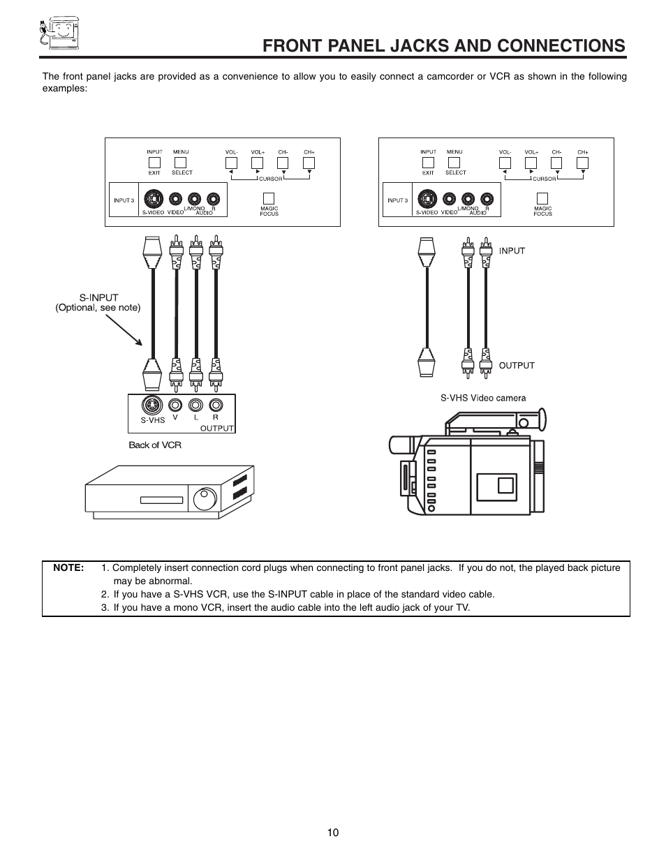 Front panel jacks and connections | Hitachi 53SWX10B User Manual | Page 10 / 76