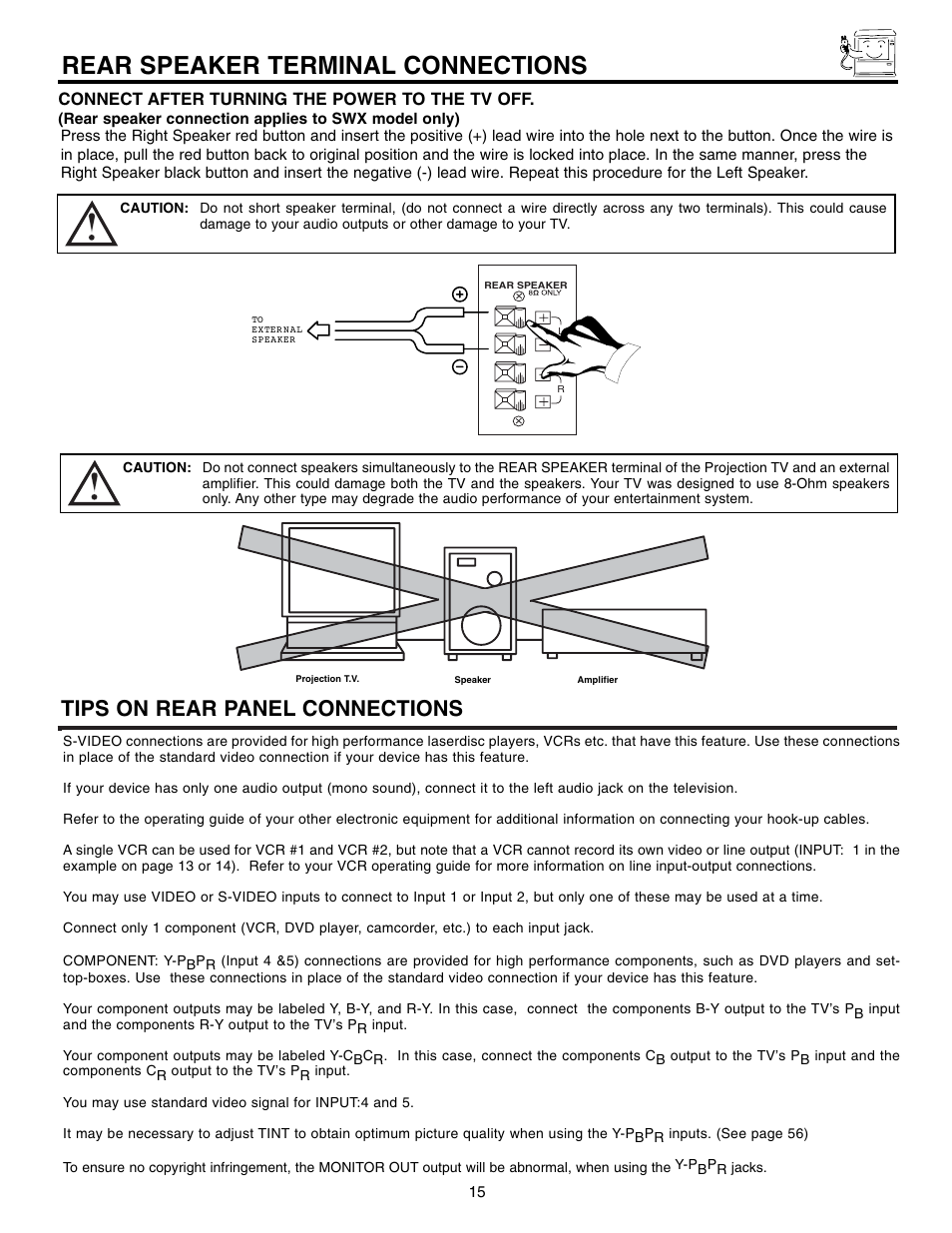 Rear speaker terminal connections, Tips on rear panel connections | Hitachi 53SWX10B User Manual | Page 15 / 76