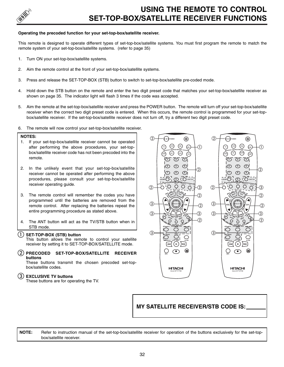 My satellite receiver/stb code is | Hitachi 53SWX10B User Manual | Page 32 / 76