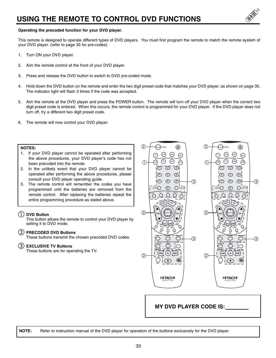 Using the remote to control dvd functions, My dvd player code is | Hitachi 53SWX10B User Manual | Page 33 / 76