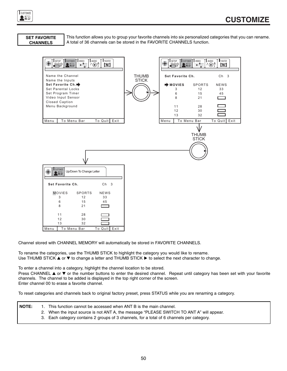 Customize, Thumb stick thumb stick | Hitachi 53SWX10B User Manual | Page 50 / 76